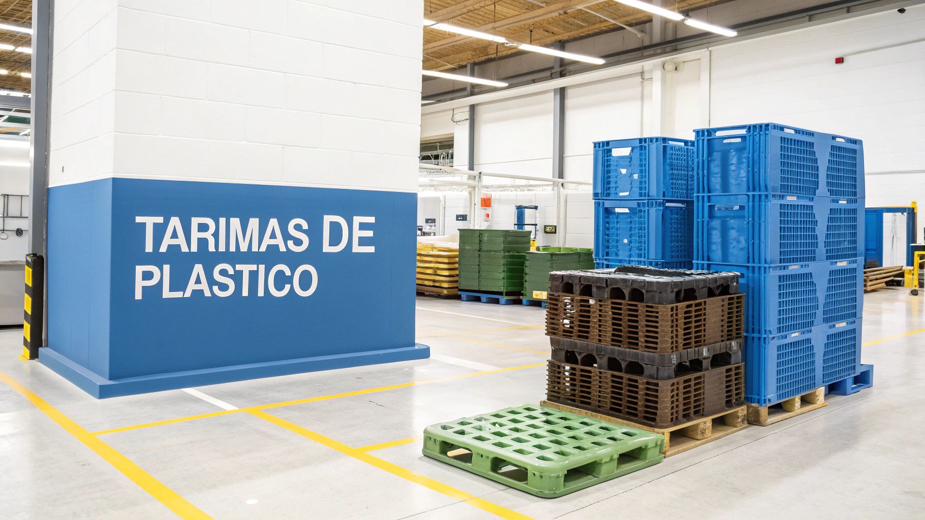 Pasillo de almacén industrial con un muro azul que indica 'TARIMAS DE PLASTICO', rodeado de palets y cajas de plástico.