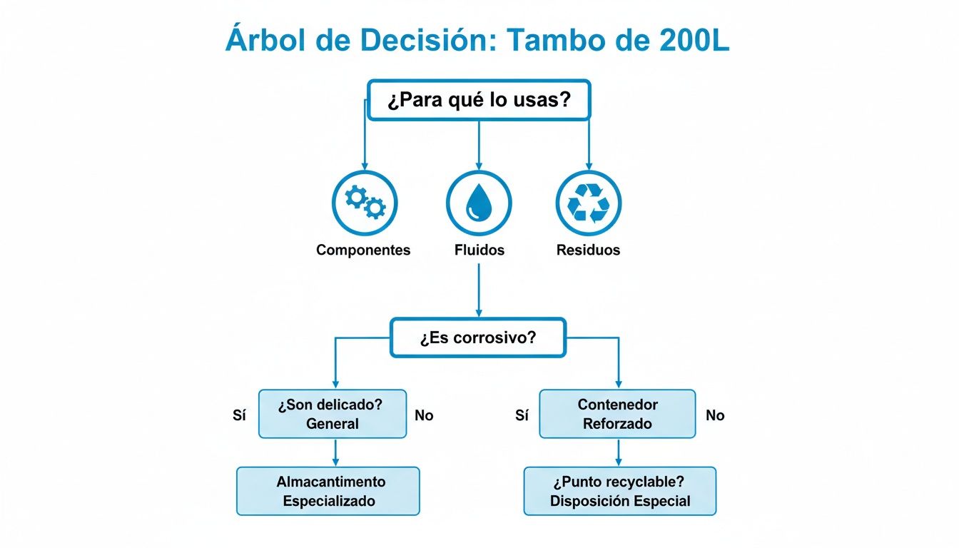 Diagrama de flujo para decidir el uso de un tambo de 200L. Guía para componentes, fluidos o residuos, considerando corrosión y fragilidad.