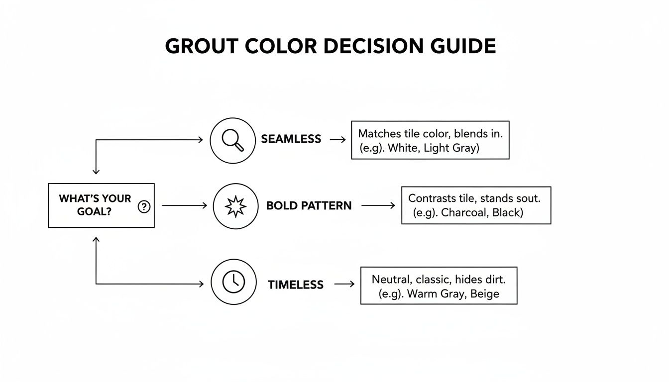 A flowchart titled 'Grout Color Decision Guide' outlining choices based on aesthetic goals: seamless, bold pattern, or timeless.