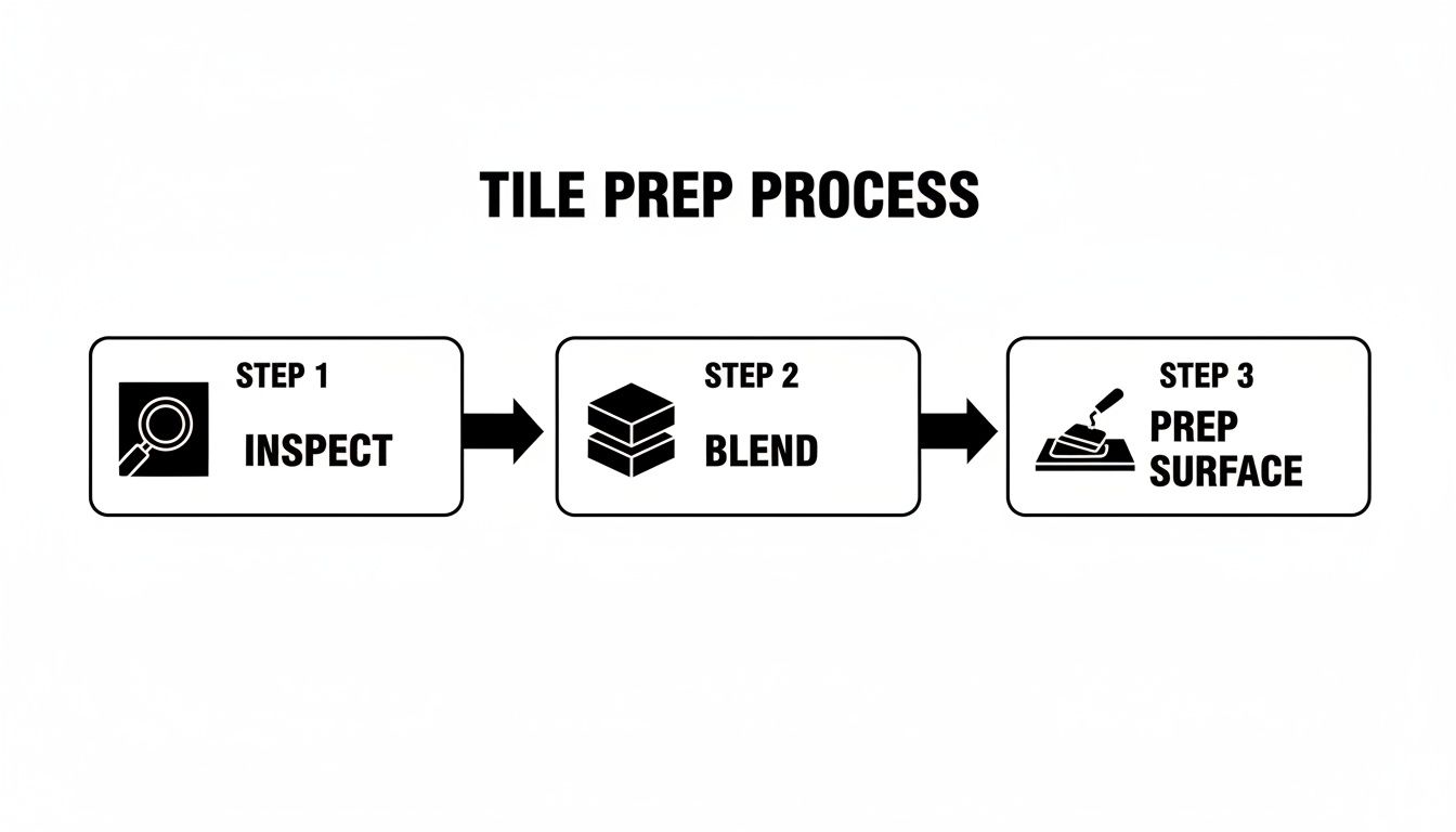 A three-step tile preparation process flow, including inspect, blend, and prep surface.