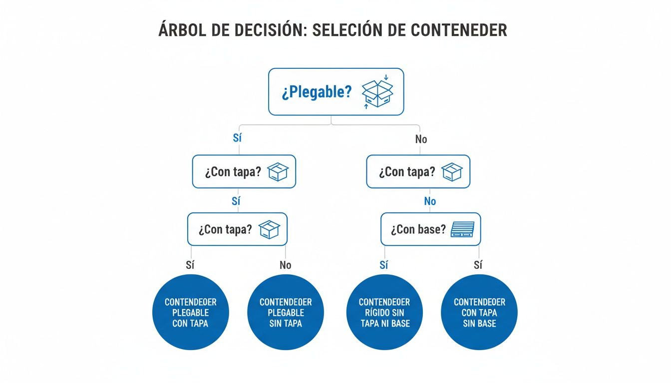 Árbol de decisión para seleccionar contenedores según características de plegado, tapa y base.