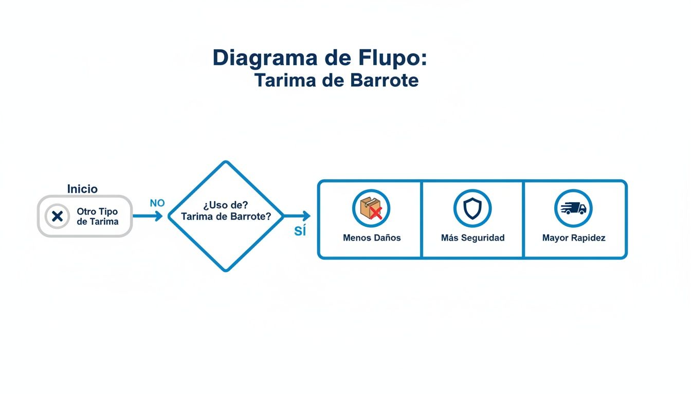 Diagrama de flujo mostrando los beneficios de usar una tarima de barrote: menos daños, más seguridad y mayor rapidez.