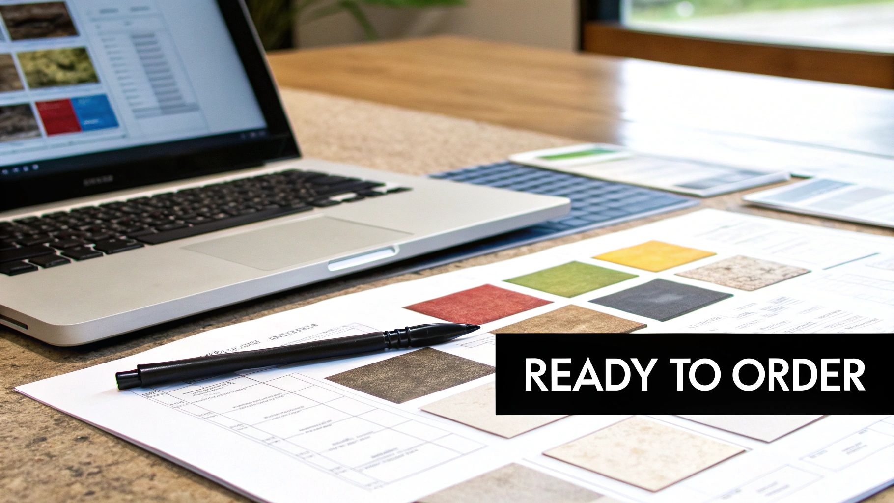A desk with a laptop, pen, and material swatches, indicating design selection and order readiness.