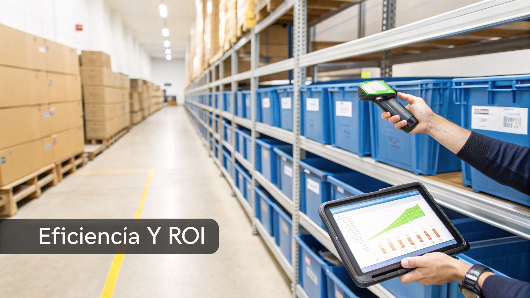 Persona escaneando bins de plástico en un almacén, monitoreando la eficiencia y el ROI en una tablet.