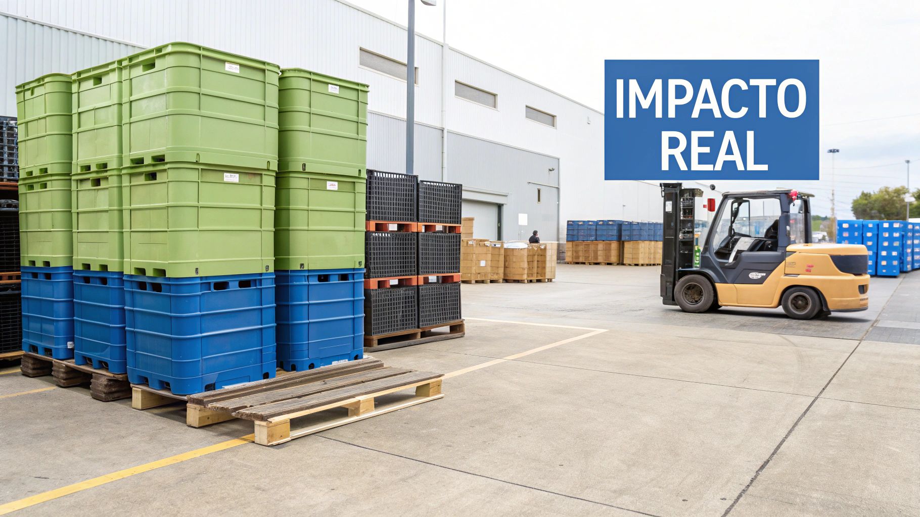 Un patio de almacén con grandes pilas de cajas de plástico verdes y azules, palets y un montacargas amarillo.