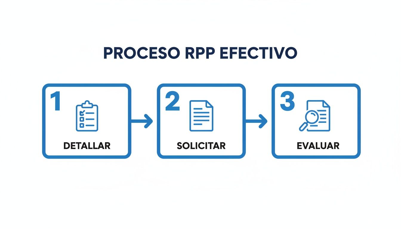 Diagrama de flujo que ilustra el proceso RPP efectivo en tres pasos: detallar, solicitar y evaluar.
