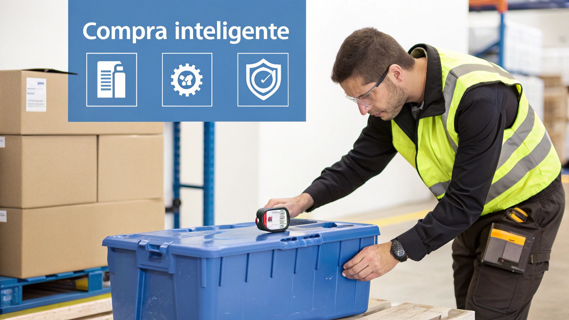 Hombre en almacén escaneando caja de plástico azul con dispositivo, con cajas de cartón y texto "Compra inteligente".