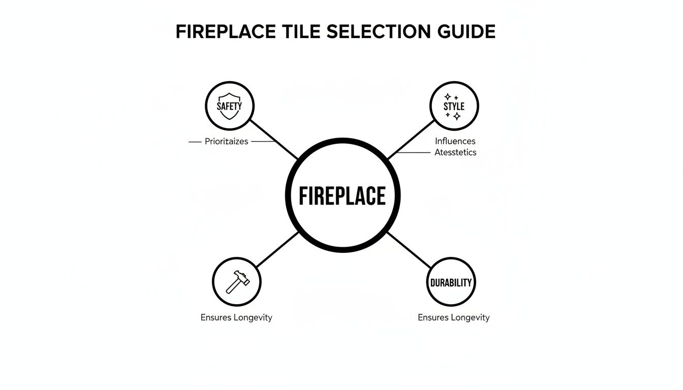 A mind map titled 'Fireplace Tile Selection Guide' showing factors: Safety, Style, and Durability, all ensuring longevity.