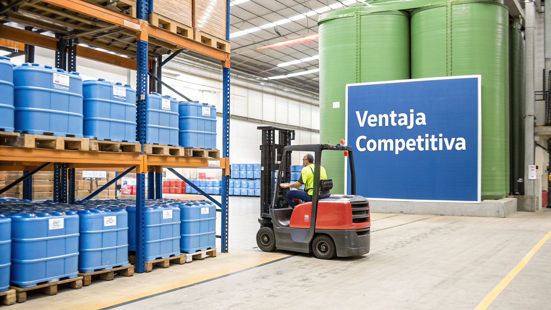 Almacén industrial con estanterías llenas de contenedores plásticos azules, un montacargas y un cartel.