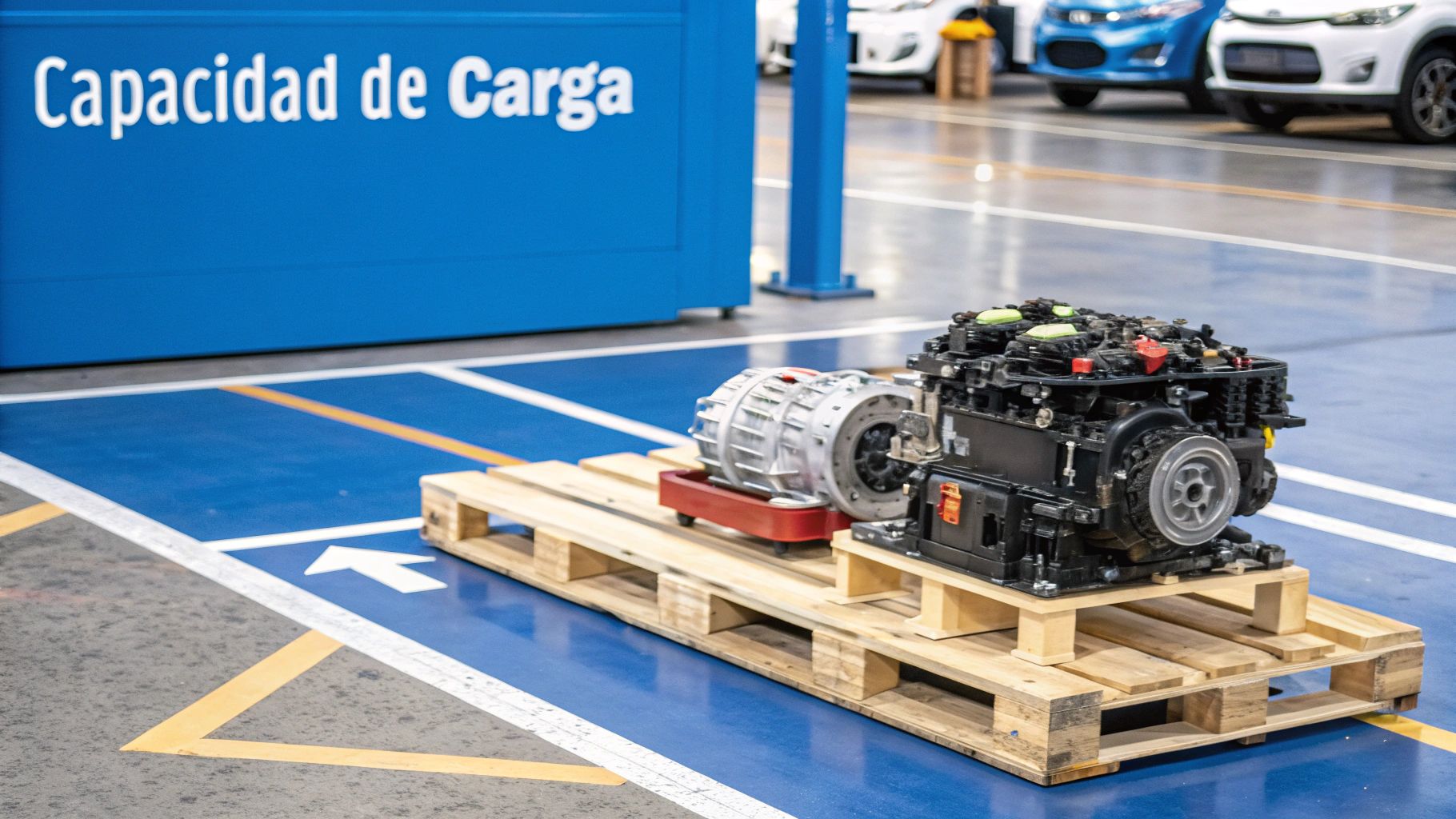 Componentes de motor y transmisión en palets de madera en un taller, con letrero de 'Capacidad de Carga'.