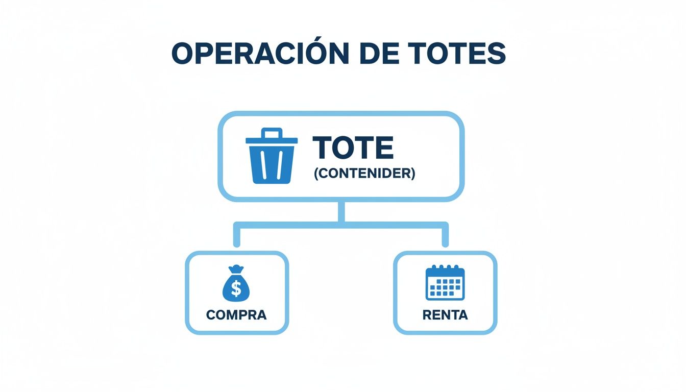 Diagrama de operación de totes (contenedores), mostrando opciones de compra y renta.