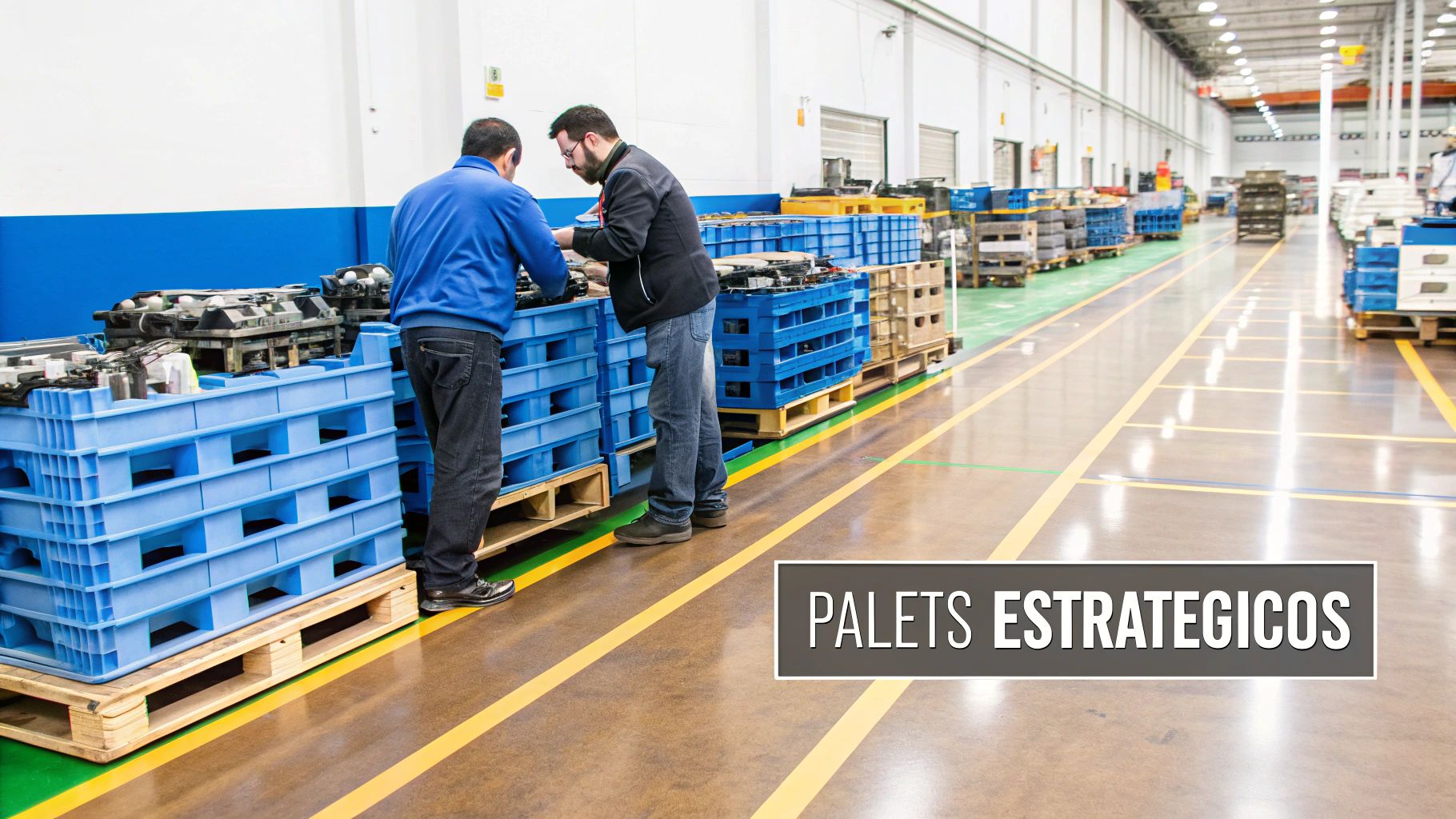 Hombres inspeccionan y organizan componentes industriales en palets de plástico azules en un almacén.