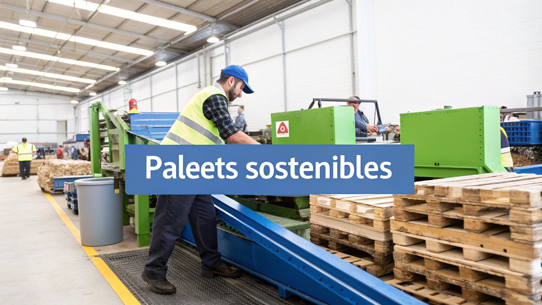 Trabajadores en una fábrica con maquinaria verde y azul, clasificando palets de madera para reciclaje.
