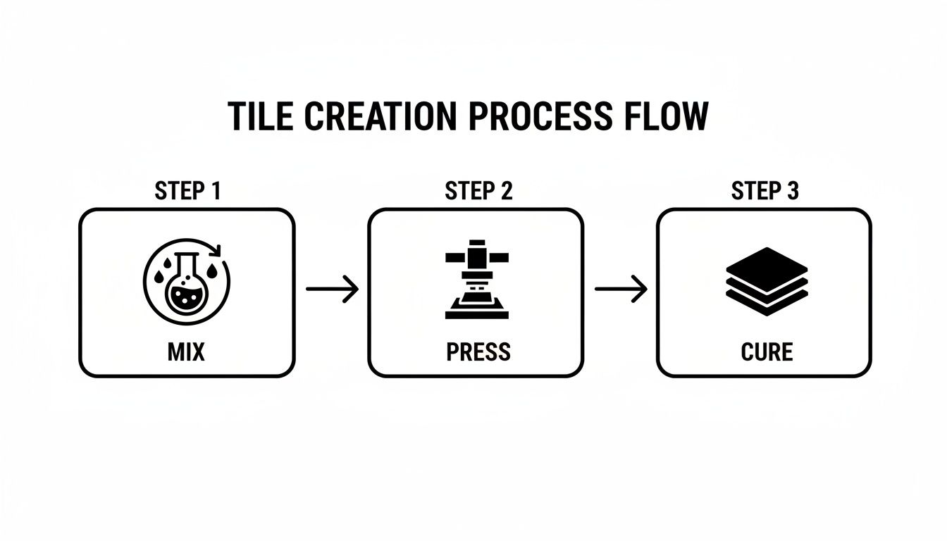 Flowchart illustrating the three steps of tile creation: mix, press, and cure.