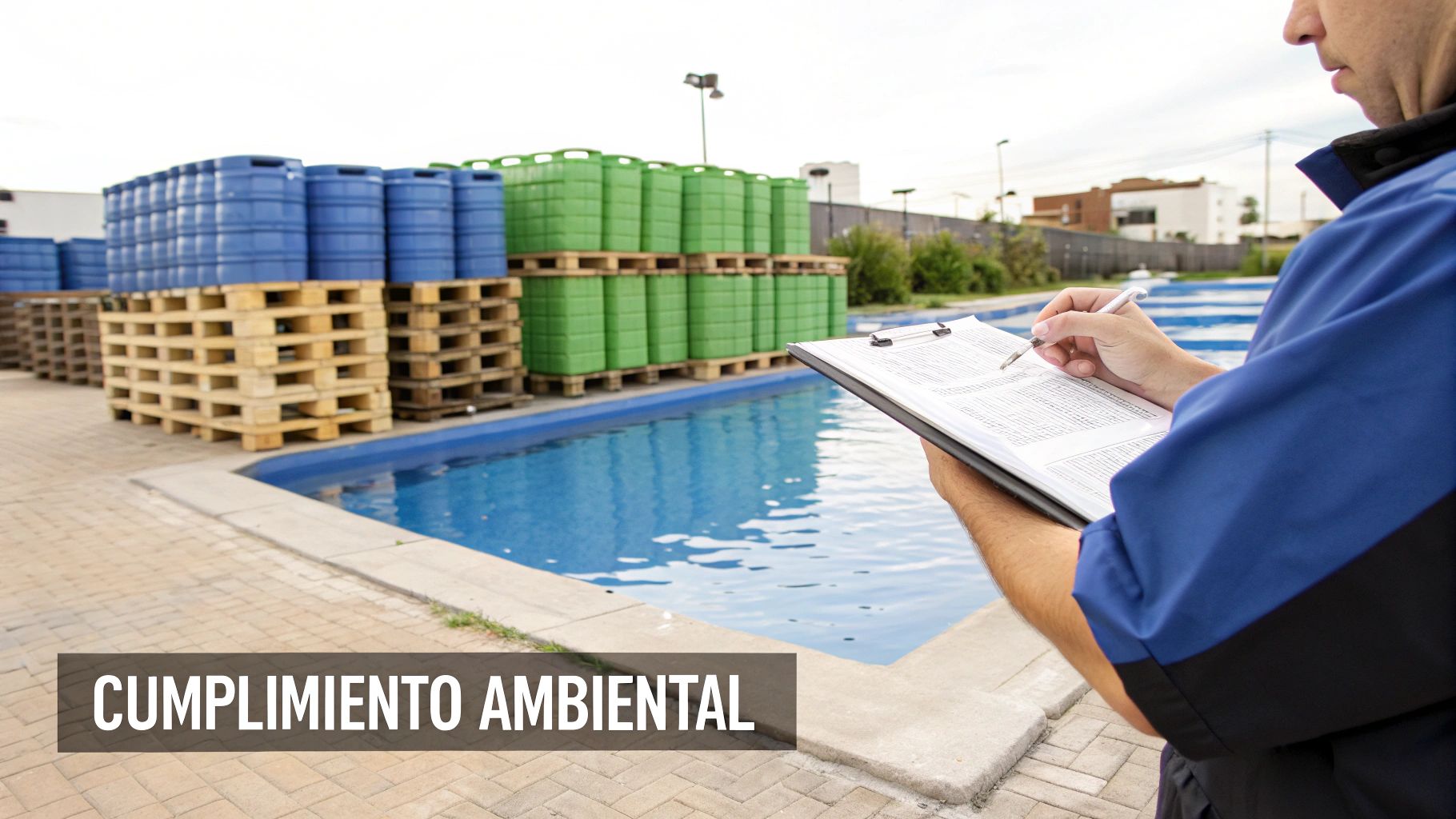 Inspector revisando cumplimiento ambiental con un portapapeles junto a una piscina y barriles apilados.