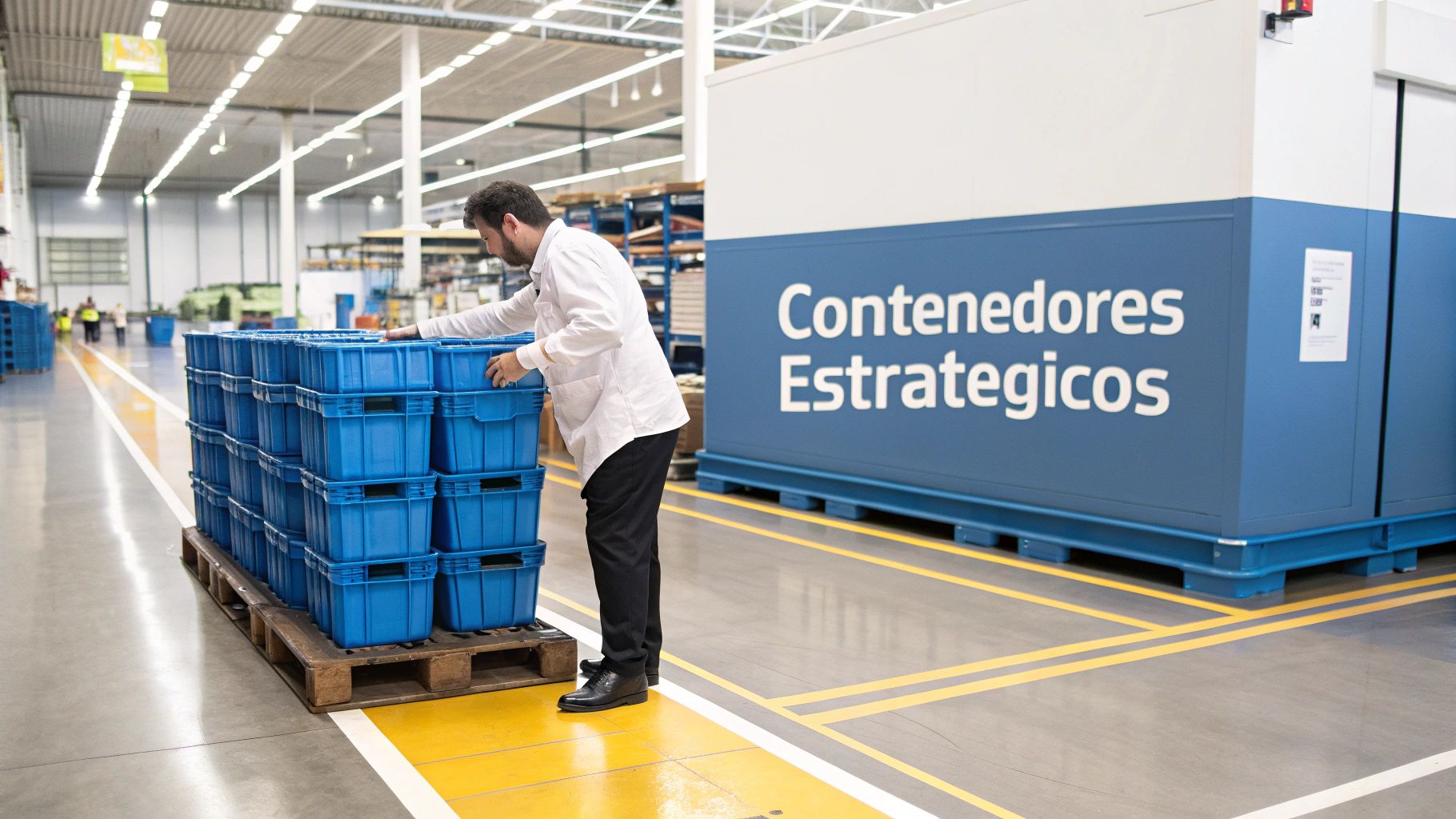 Un hombre en un almacén organiza contenedores azules apilados en un palé de madera, junto a un gran contenedor con el texto 'Contenedores Estratégicos'.