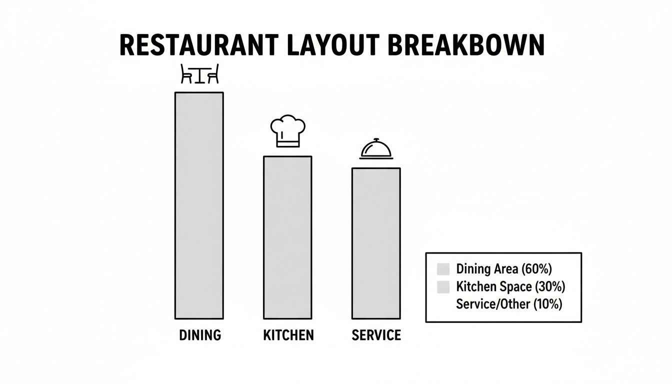 Bar chart detailing restaurant layout percentages for dining, kitchen, and service areas.