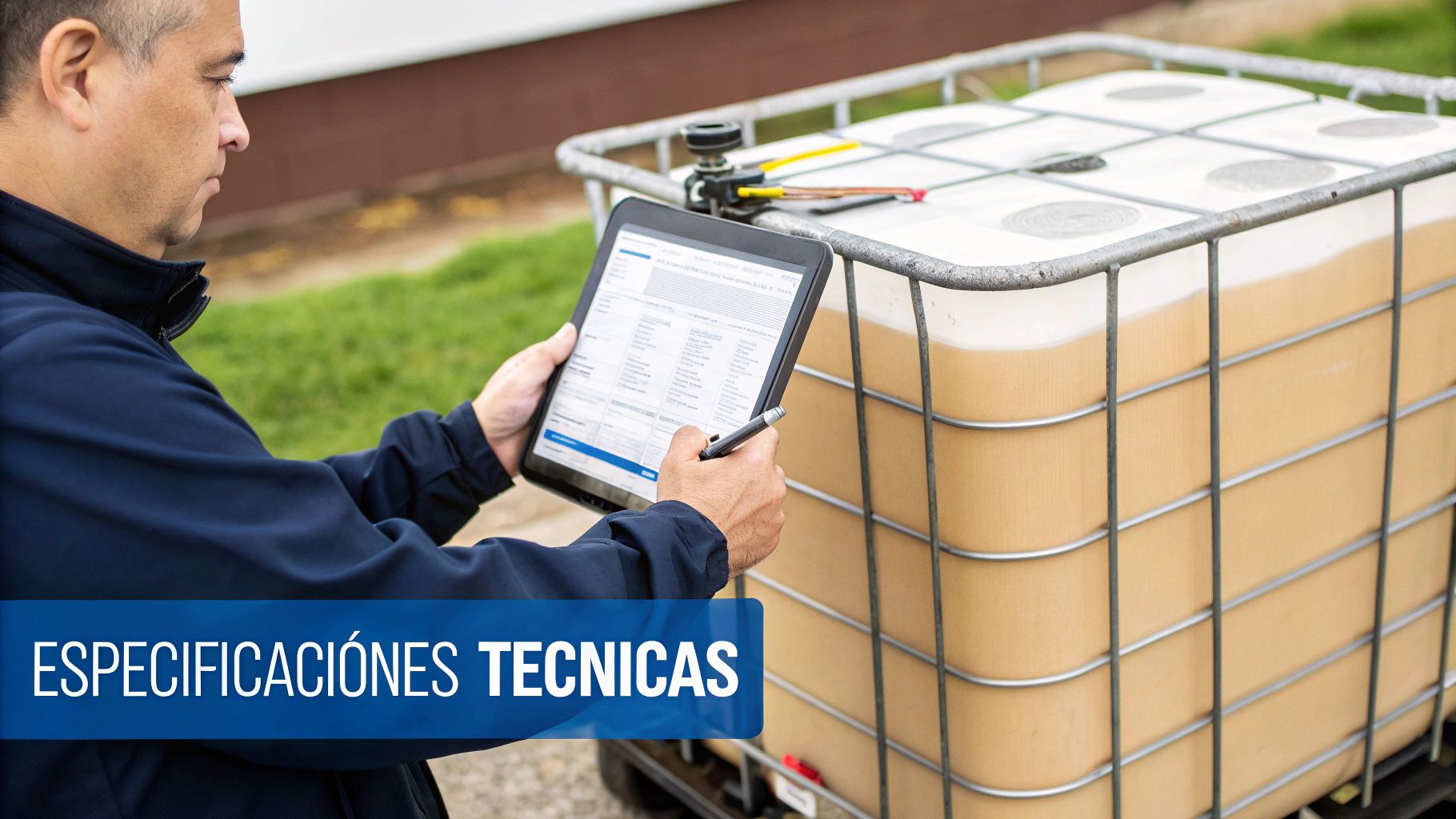 Hombre revisando especificaciones técnicas en una tablet junto a un contenedor de líquidos IBC.