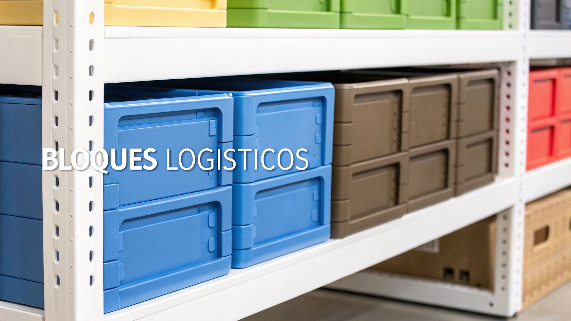 Bloques logísticos de plástico apilables en estantes blancos, ideales para organización de almacén.