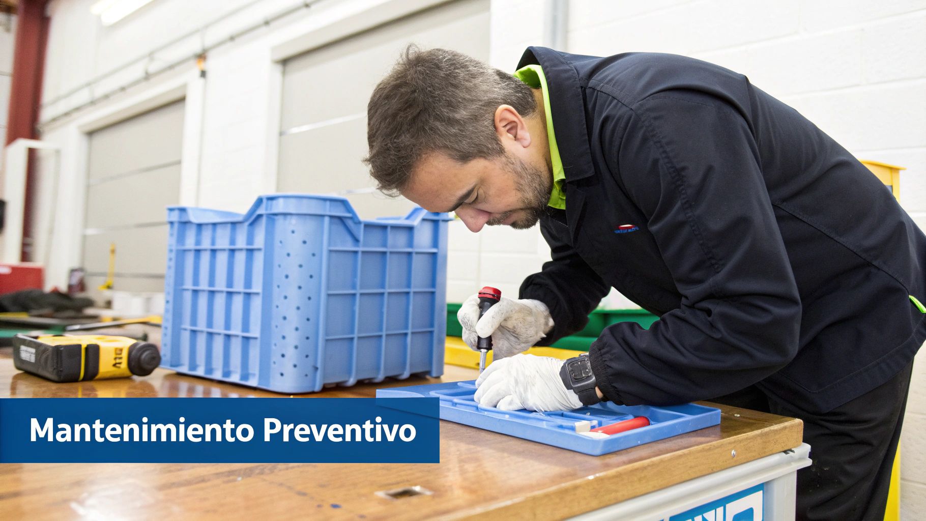 Hombre con guantes realizando mantenimiento preventivo de componentes en un taller industrial.