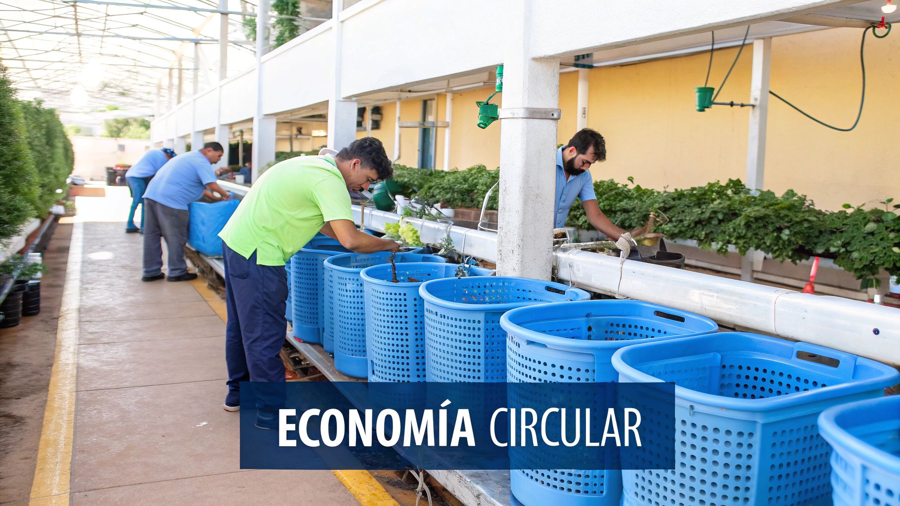 Hombres trabajando en un invernadero moderno con canastillas azules, cultivando plantas para economía circular.