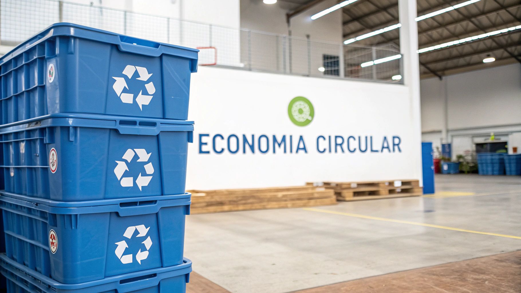 Cajas azules de reciclaje apiladas en un almacén, con el texto "Economía Circular" al fondo.
