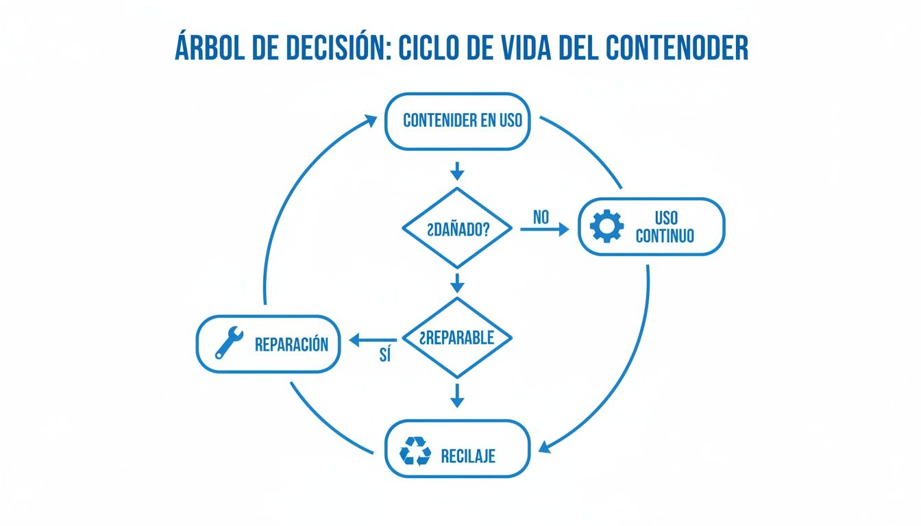 Diagrama de flujo del ciclo de vida de un contenedor: uso, evaluación de daño, reparación y reciclaje.
