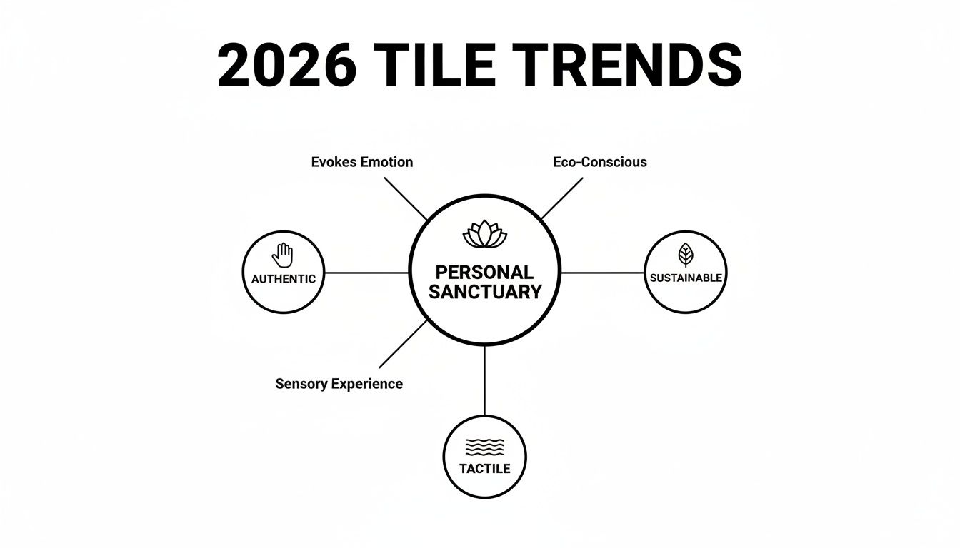 A diagram outlining 2026 tile trends, centered on 'Personal Sanctuary' and connecting Authentic, Sustainable, and Tactile aspects.