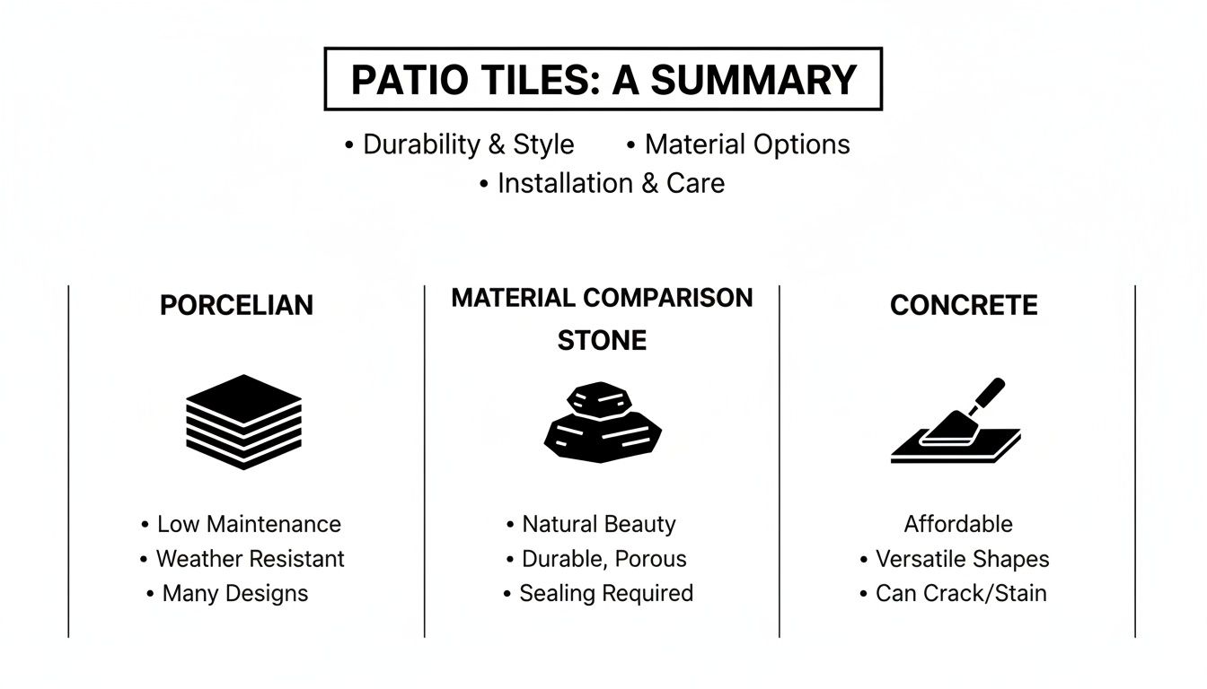 A summary comparison of patio tiles, including porcelain, stone, and concrete, detailing their features and benefits.