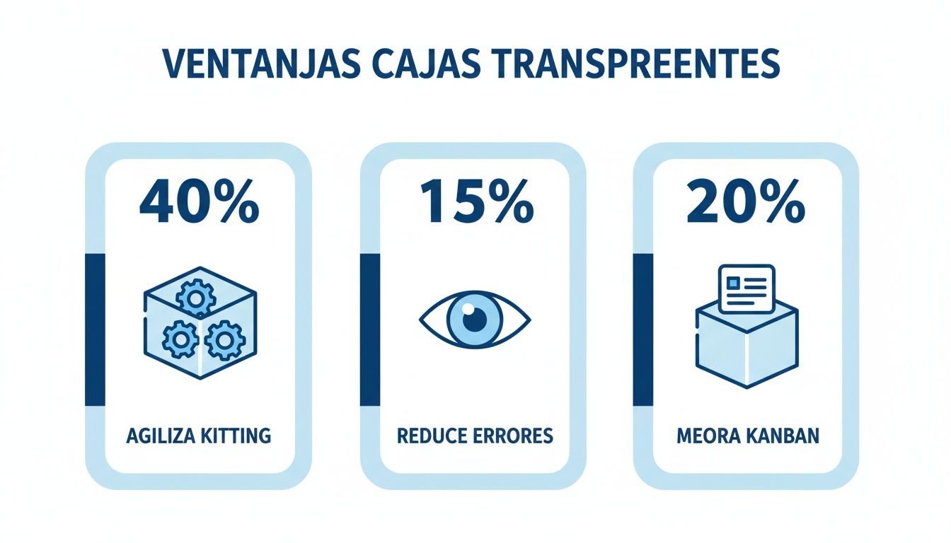 Infografía que destaca las ventajas de las cajas transparentes: agiliza el kitting, reduce errores y mejora Kanban.