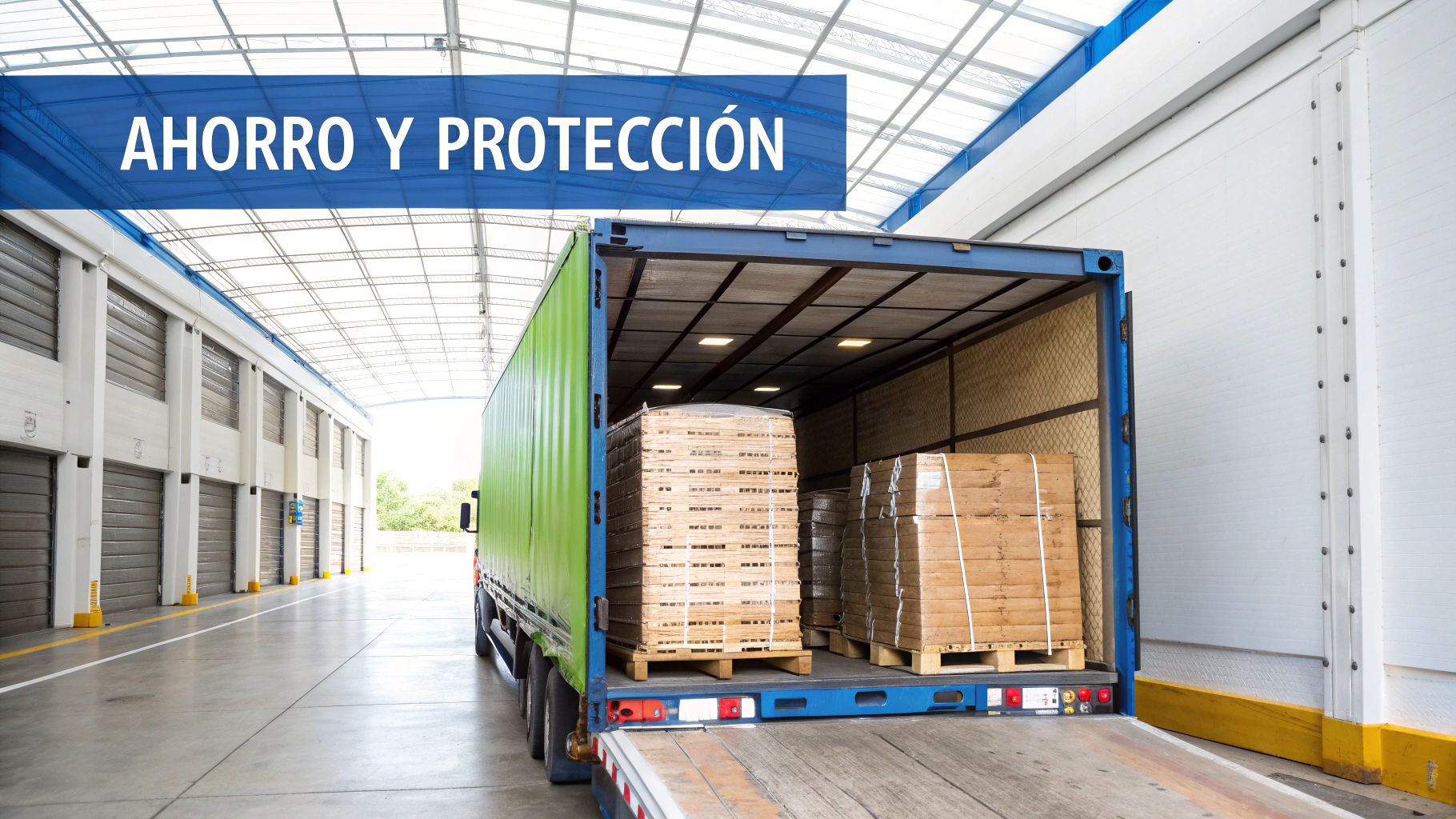 Un camión semi-remolque verde cargado con tarimas en un muelle de carga de almacén. Ahorro y Protección.
