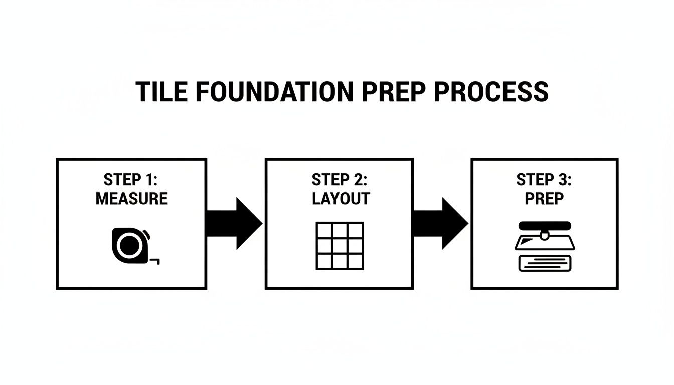 A three-step flowchart illustrating the tile foundation preparation process: Measure, Layout, Prep.