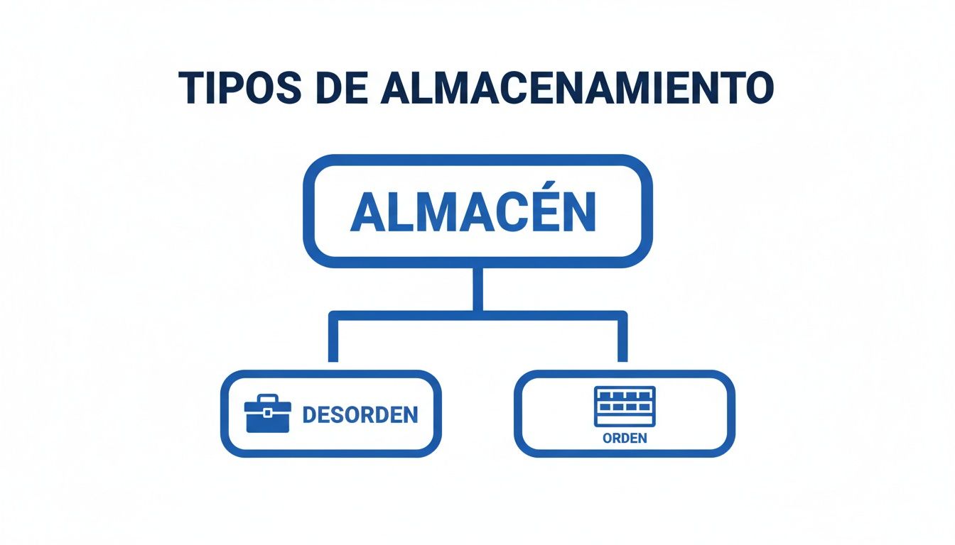 Diagrama que ilustra los tipos de almacenamiento: desordenado (maleta) y ordenado (estantes) en un almacén.