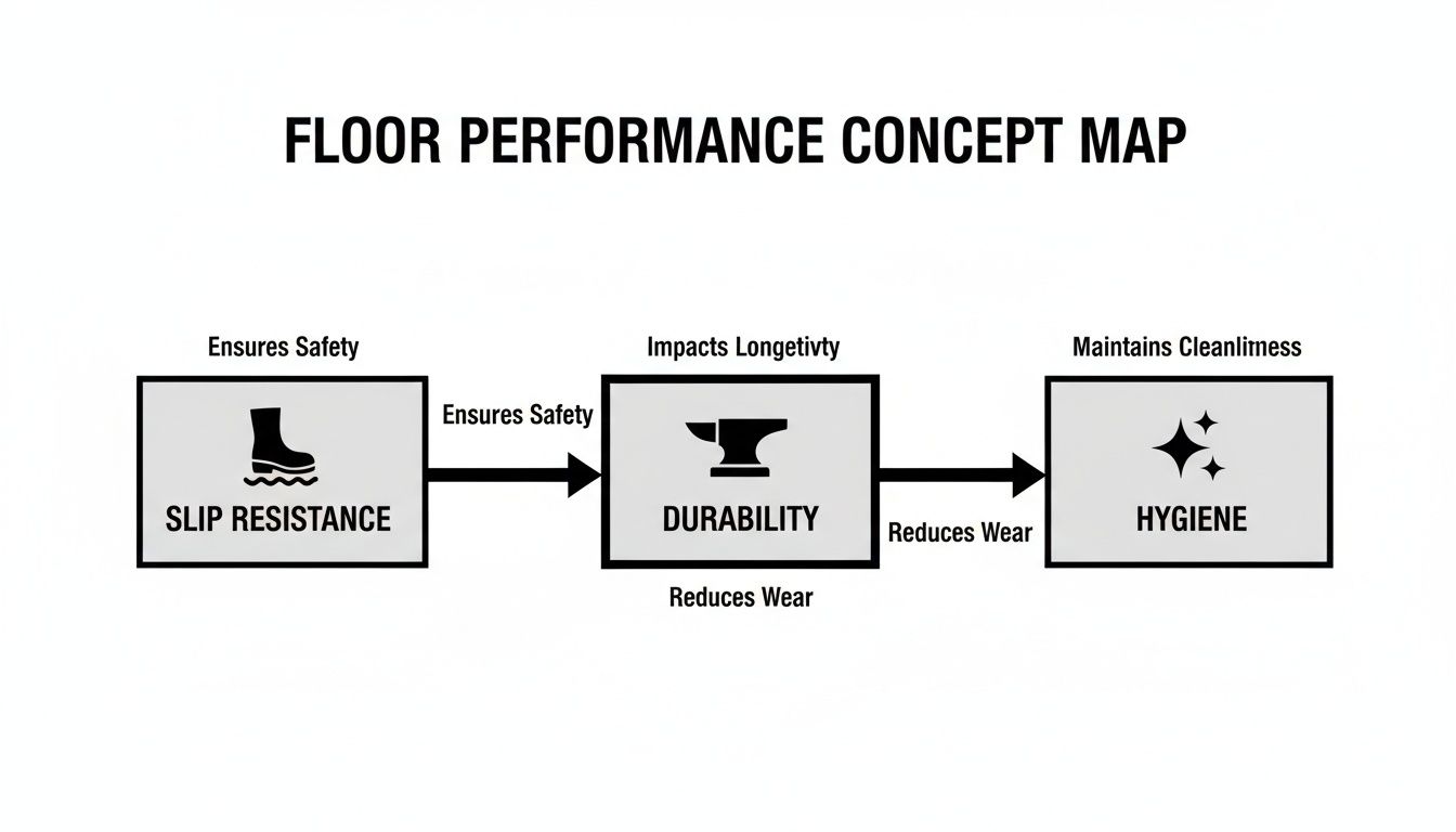 Concept map illustrating floor performance, showing how slip resistance ensures safety, impacting durability and hygiene.