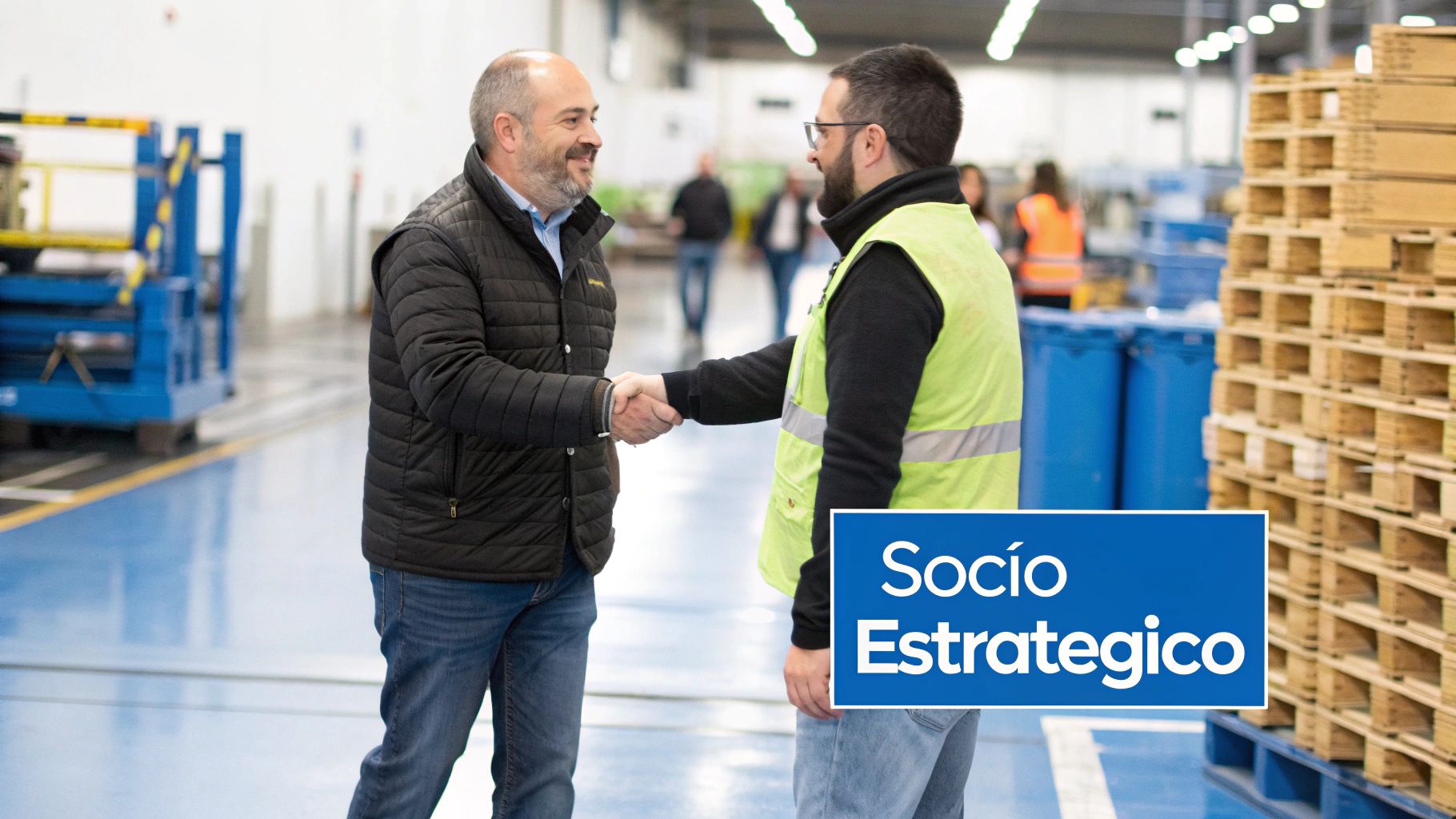 Dos hombres en un almacén se dan la mano, celebrando una colaboración estratégica.