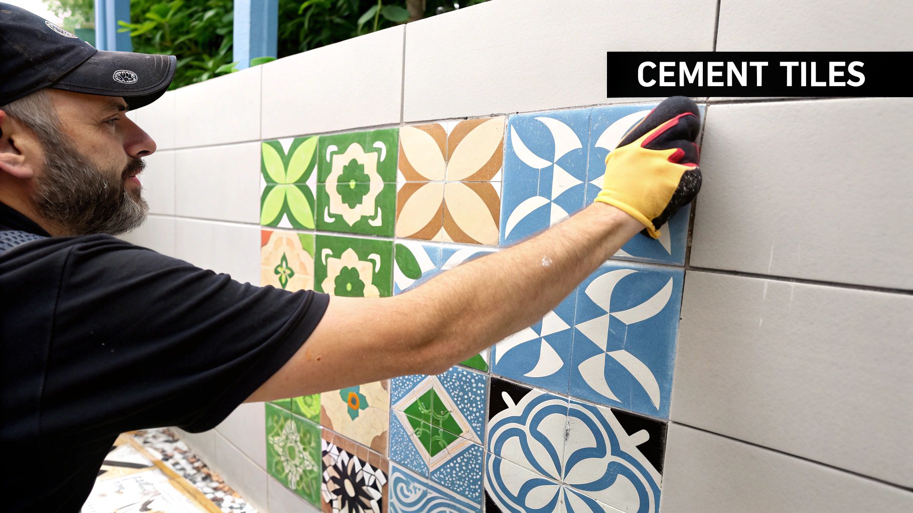 A person with a black cap and gloves applies grout to colorful patterned cement tiles on a wall.
