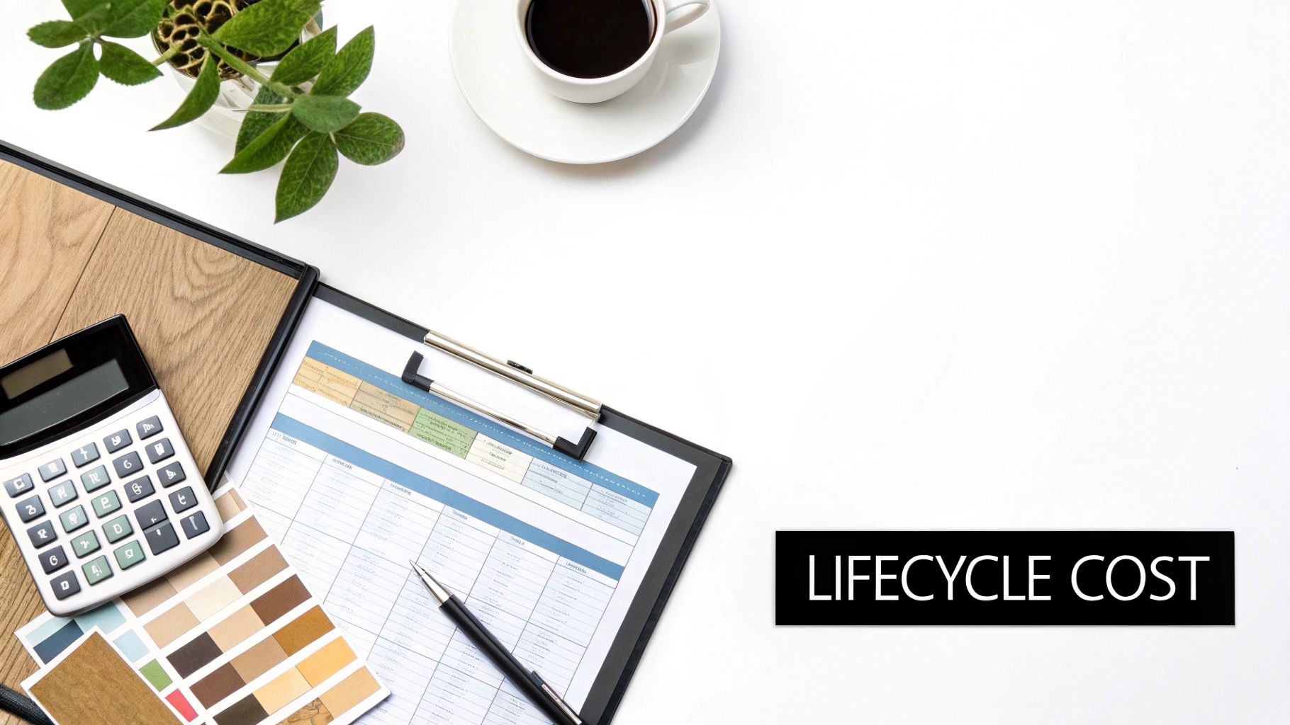 An overhead shot of a desk with a calculator, clipboard, pen, material samples, and a banner saying 'LIFECYCLE COST'.