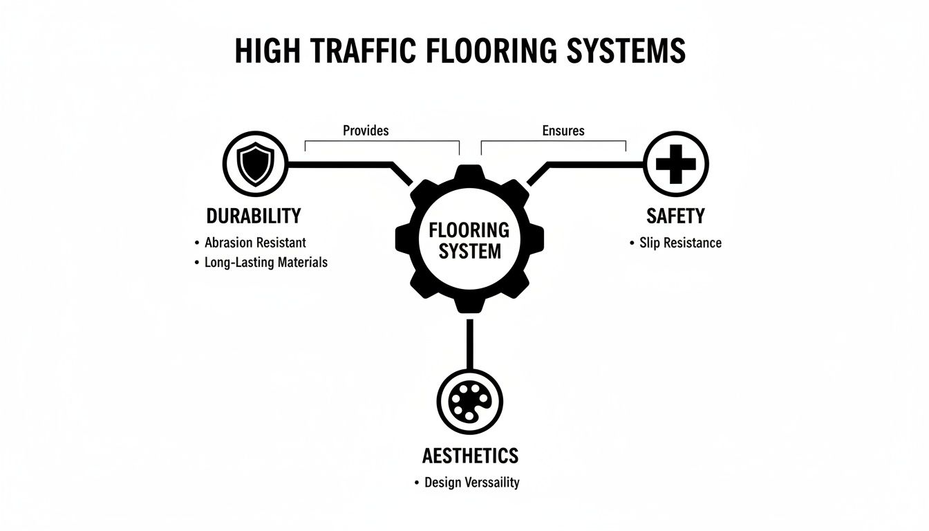 Diagram illustrating the key benefits of high traffic flooring systems: durability, safety, and aesthetics.