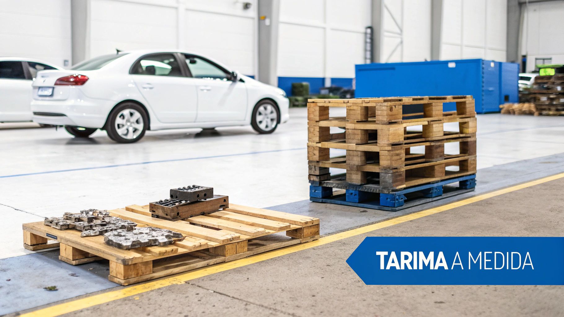 Paletas de madera con piezas metálicas en un almacén industrial moderno con coches y contenedores.