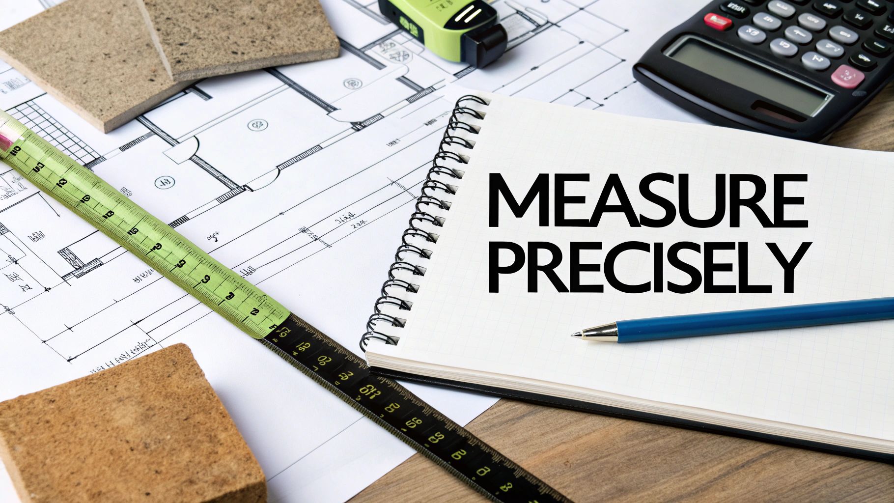 A notebook with 'MEASURE PRECISELY' text, measuring tape, blueprints, and construction tools.