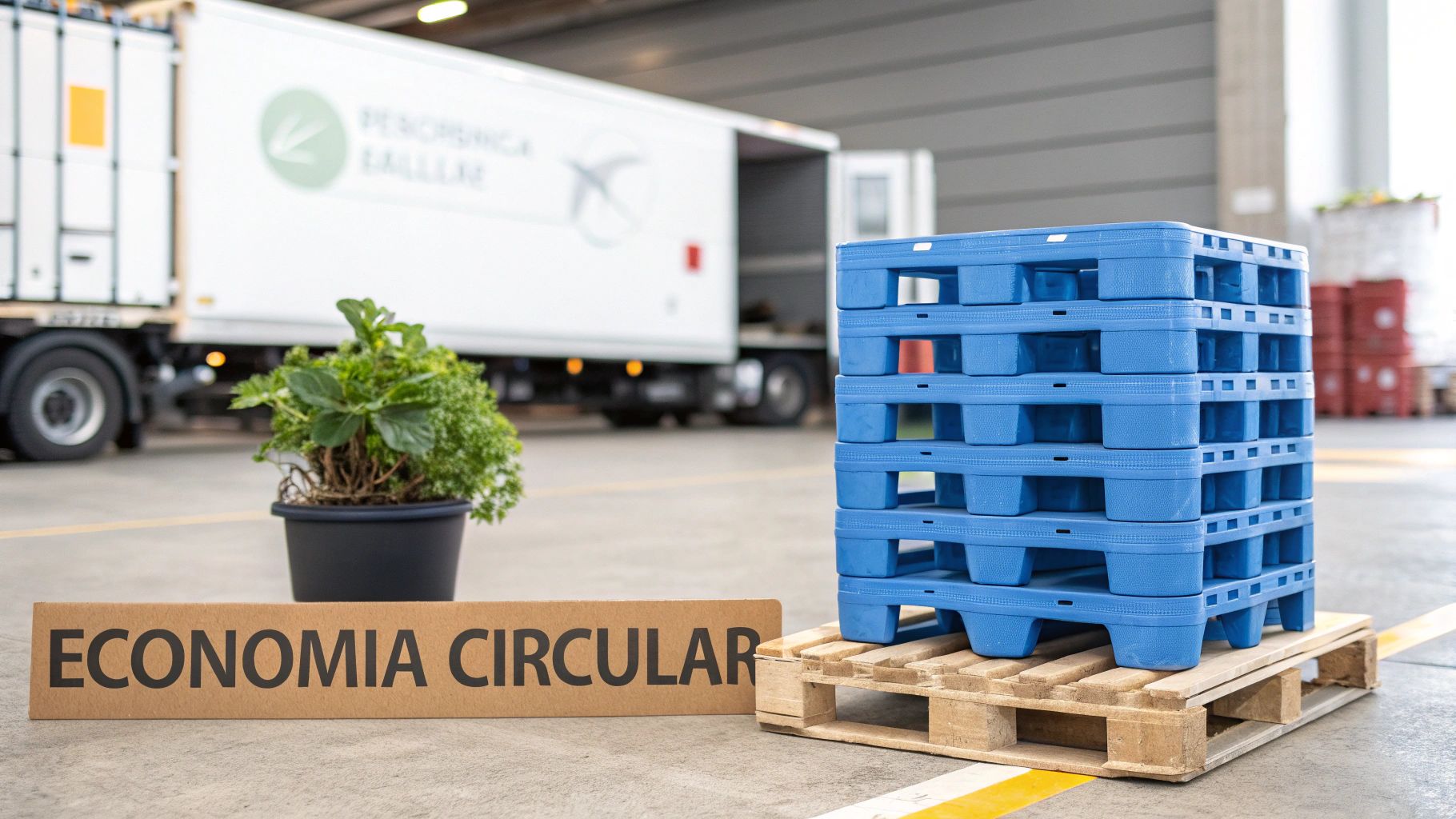 Palets de plástico azul sobre madera con señal 'Economía Circular' y camión de logística.