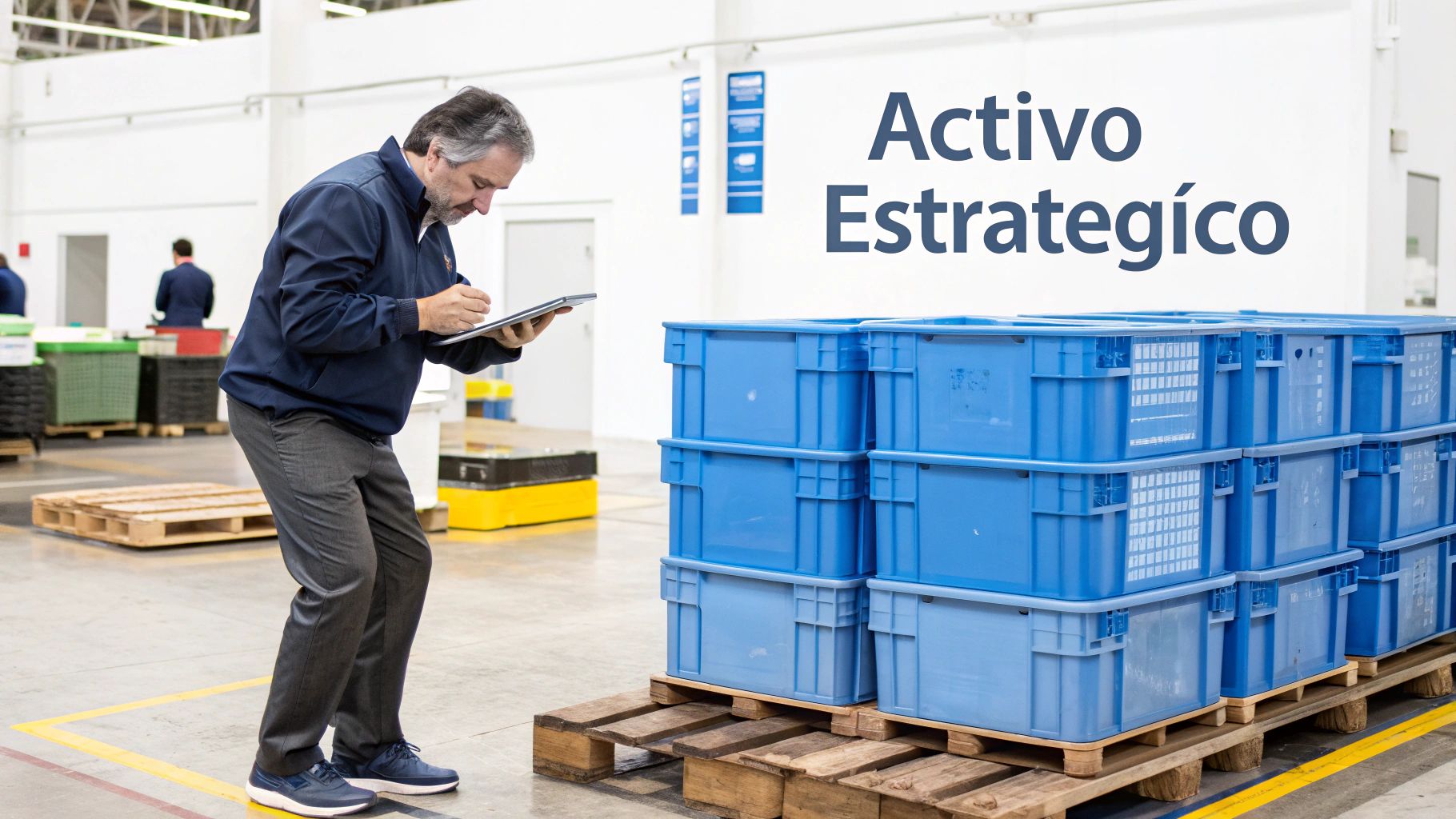 Hombre en un almacén inspeccionando cajas de plástico azules apiladas en paletas con una tableta.