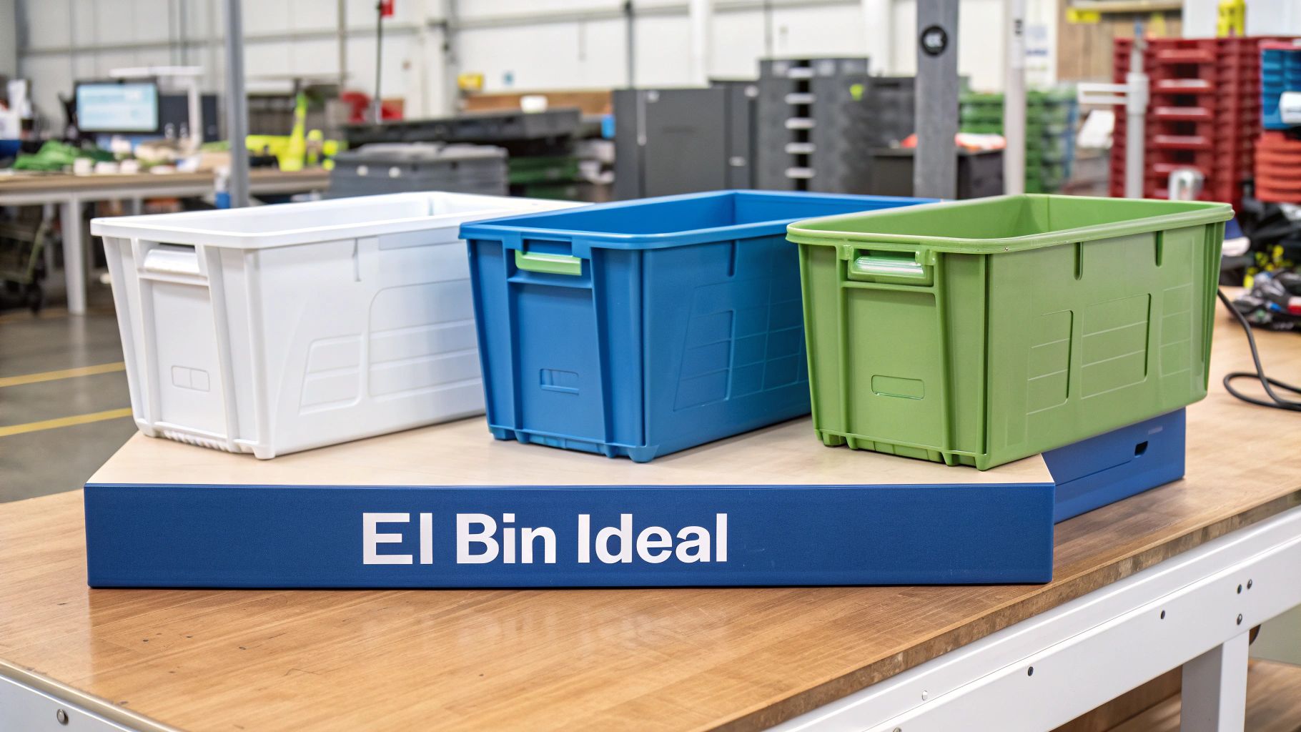 Tres contenedores de plástico, blanco, azul y verde, sobre una mesa con un cartel que dice 'El Bin Ideal' en un almacén.