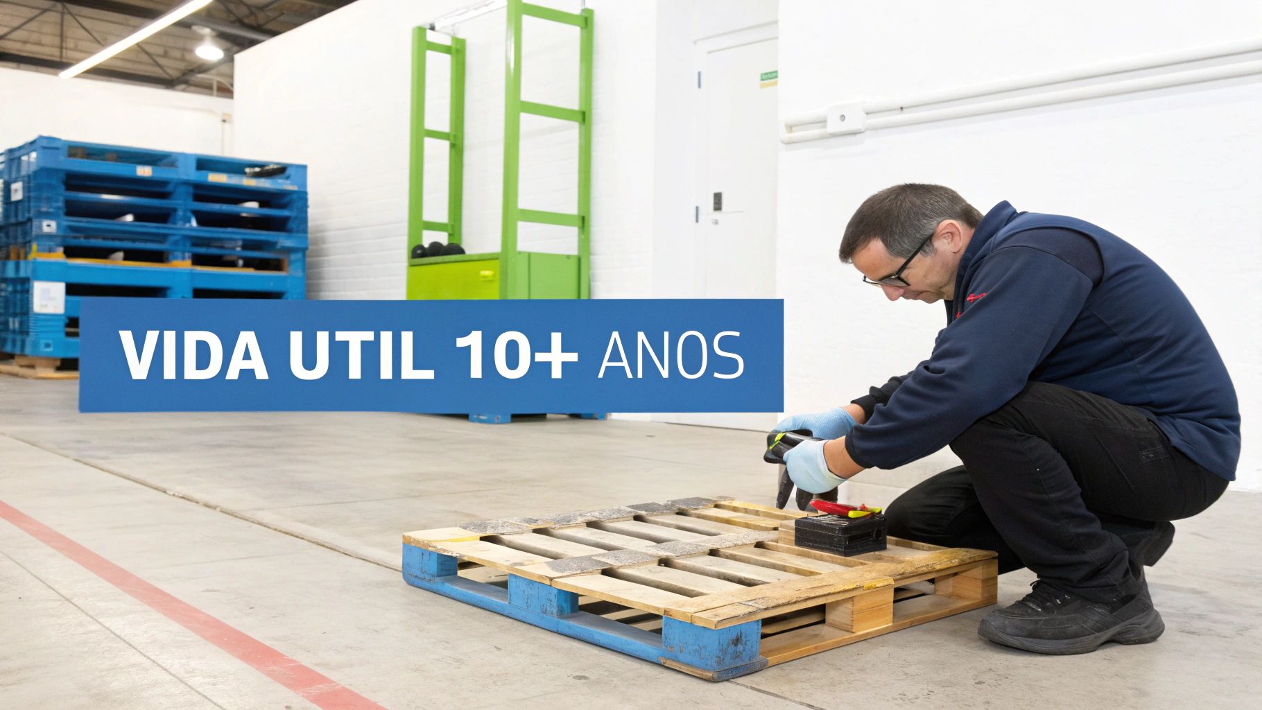Operario inspecciona una batería sobre un palé de madera; palés de plástico azules y texto "VIDA UTIL 10+ ANOS" visibles.
