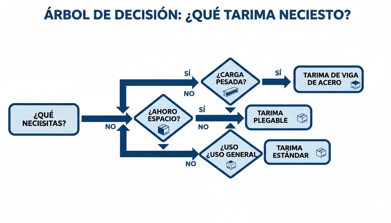 Diagrama de árbol de decisión sobre cómo elegir el tipo de tarima adecuado según las necesidades.