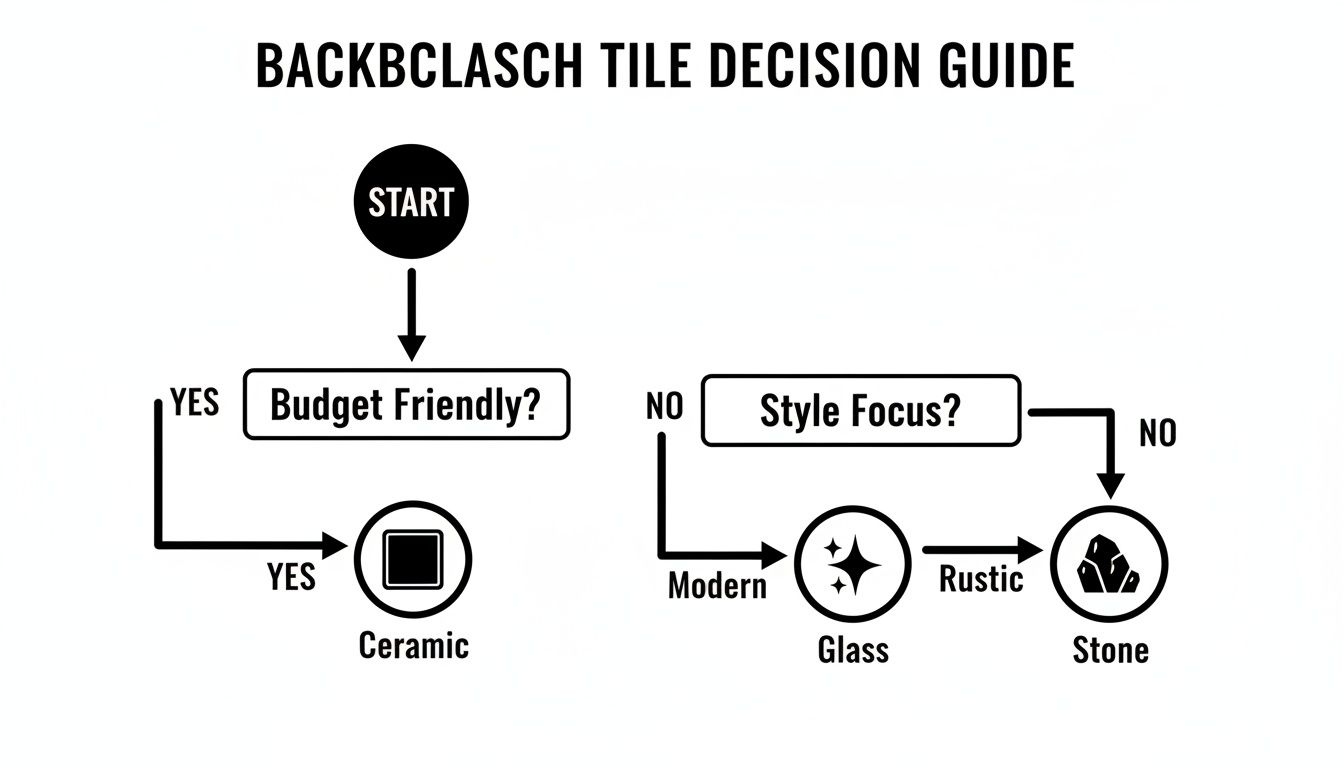Flowchart guiding tile selection: Ceramic for budget, Glass for modern, Stone for rustic style.