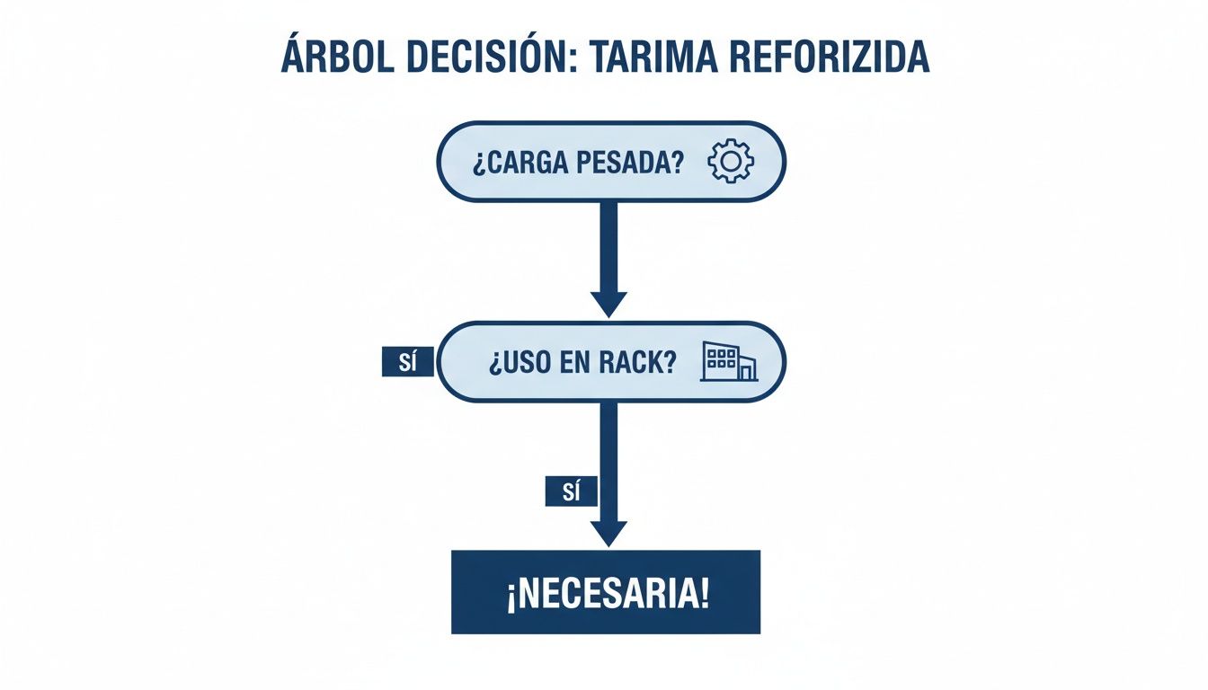Diagrama de flujo que indica cuándo una tarima reforzada es necesaria, basado en si la carga es pesada y si se usa en rack.