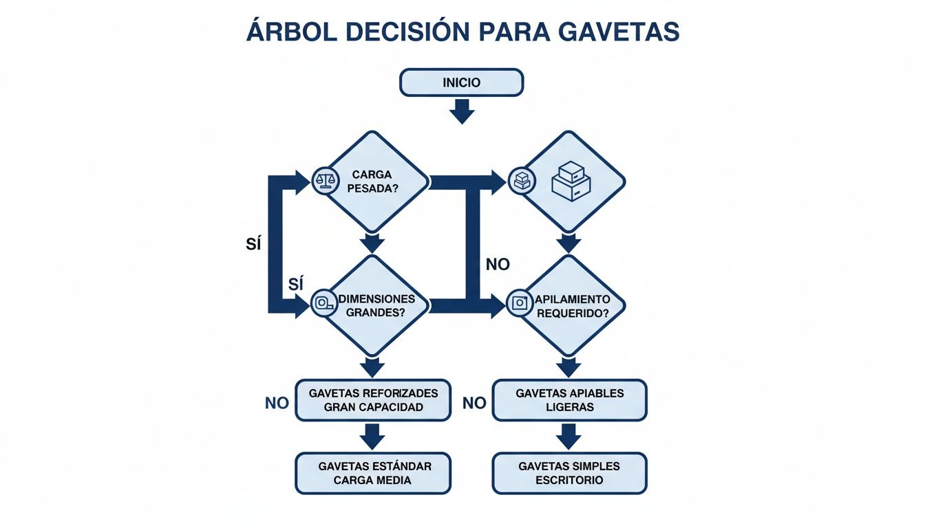 Árbol de decisión para elegir gavetas según carga, tamaño y necesidad de apilamiento.
