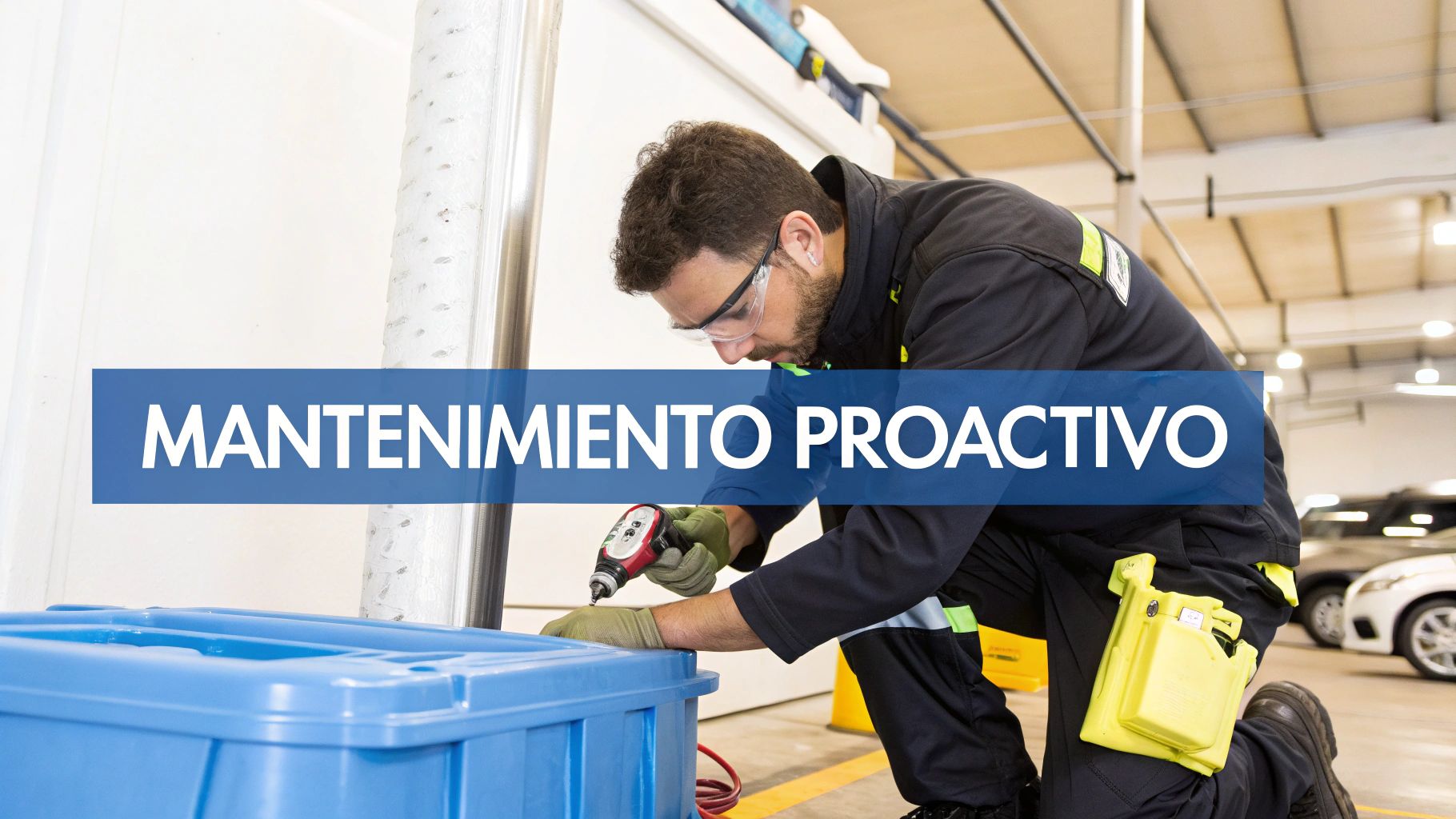 Técnico con gafas de seguridad y guantes trabajando en un contenedor azul. Mantenimiento proactivo.