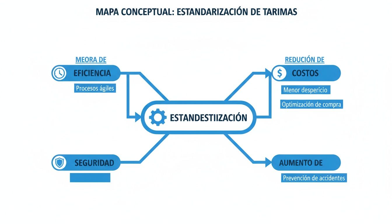 Mapa conceptual sobre la estandarización de tarimas, mostrando mejora de eficiencia, reducción de costos y aumento de seguridad.